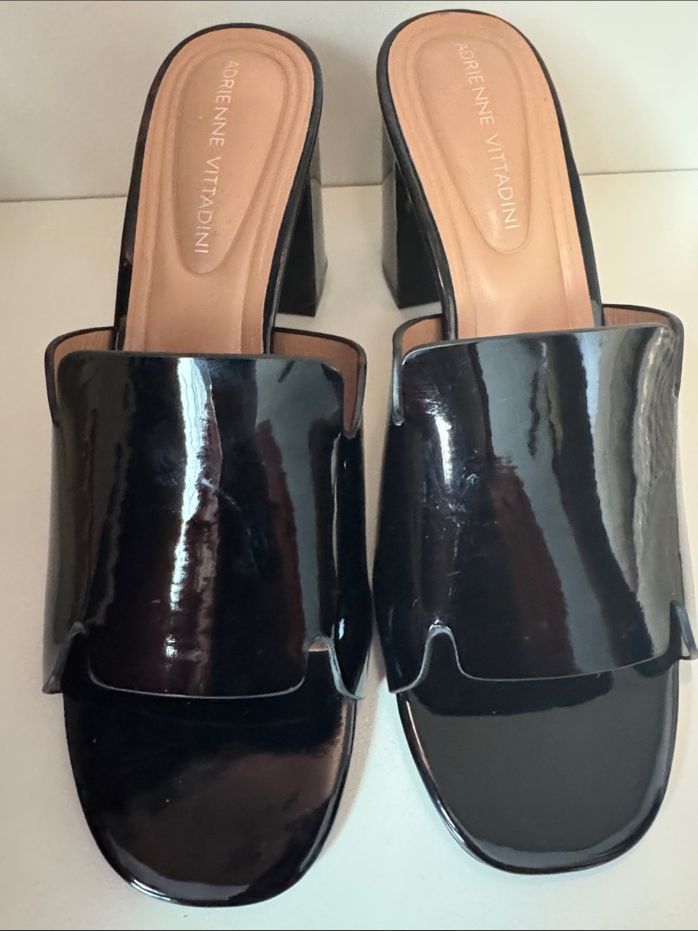 Adrienne Vittadini Black Patent Block Heel Mules